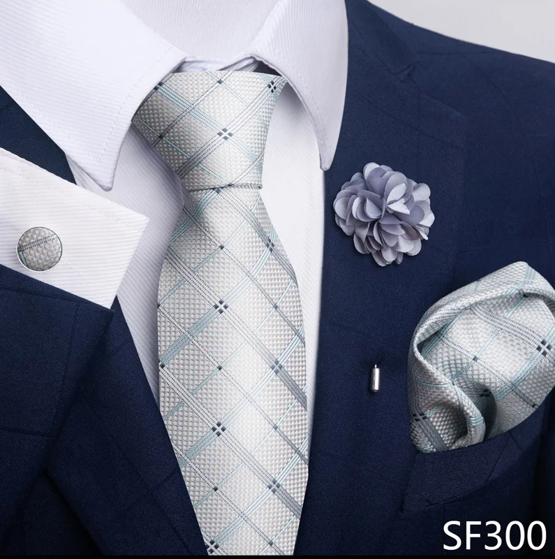 Hot Sale Luxury 8 Cm Blue Floral Ties Pocket Square Cufflinks Brooch Set For Man Suit Accessories Holiday Gift Fit Formal Party