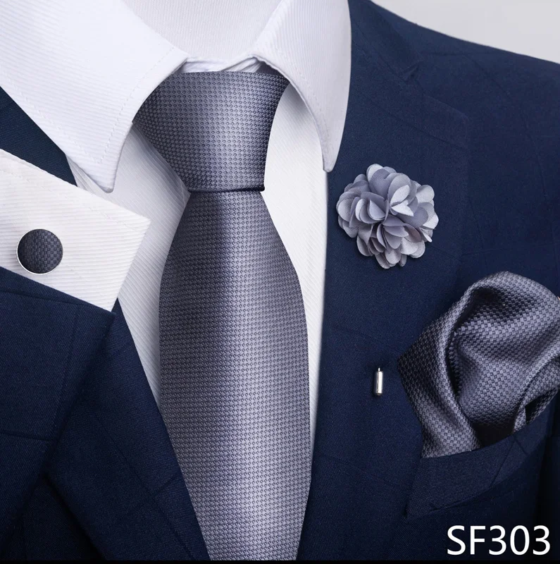 Hot Sale Luxury 8 Cm Blue Floral Ties Pocket Square Cufflinks Brooch Set For Man Suit Accessories Holiday Gift Fit Formal Party