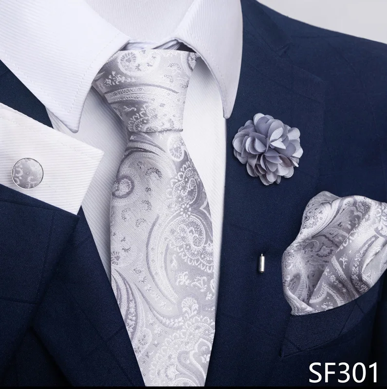 Hot Sale Luxury 8 Cm Blue Floral Ties Pocket Square Cufflinks Brooch Set For Man Suit Accessories Holiday Gift Fit Formal Party