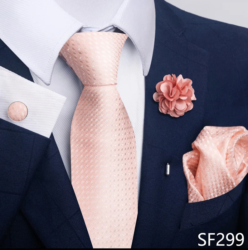 Hot Sale Luxury 8 Cm Blue Floral Ties Pocket Square Cufflinks Brooch Set For Man Suit Accessories Holiday Gift Fit Formal Party