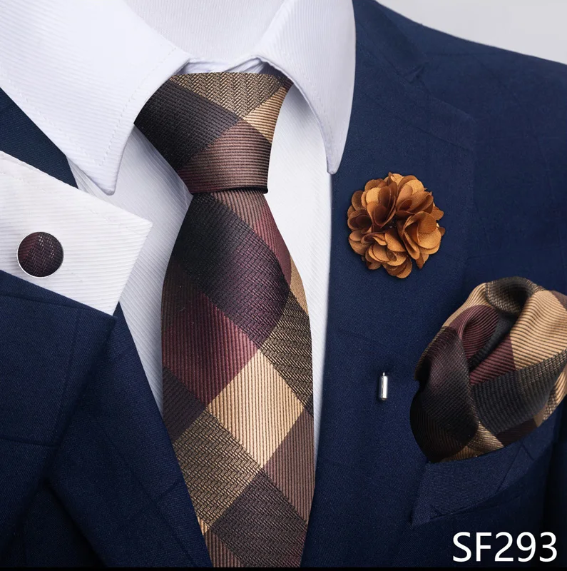 Hot Sale Luxury 8 Cm Blue Floral Ties Pocket Square Cufflinks Brooch Set For Man Suit Accessories Holiday Gift Fit Formal Party