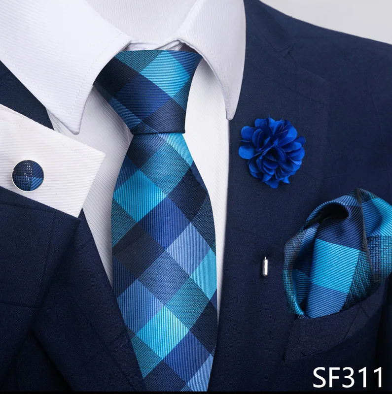 Hot Sale Luxury 8 Cm Blue Floral Ties Pocket Square Cufflinks Brooch Set For Man Suit Accessories Holiday Gift Fit Formal Party