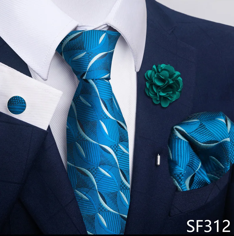 Hot Sale Luxury 8 Cm Blue Floral Ties Pocket Square Cufflinks Brooch Set For Man Suit Accessories Holiday Gift Fit Formal Party