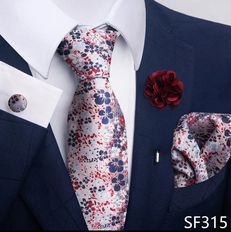 Hot Sale Luxury 8 Cm Blue Floral Ties Pocket Square Cufflinks Brooch Set For Man Suit Accessories Holiday Gift Fit Formal Party