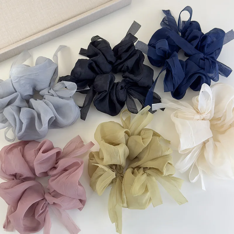 New Sweet Bowknot Sheer Organza Hair Scrunchies Korean Style Solid Color Stretchy Hair Ropes Ladies Elastic Head Bands For Daily