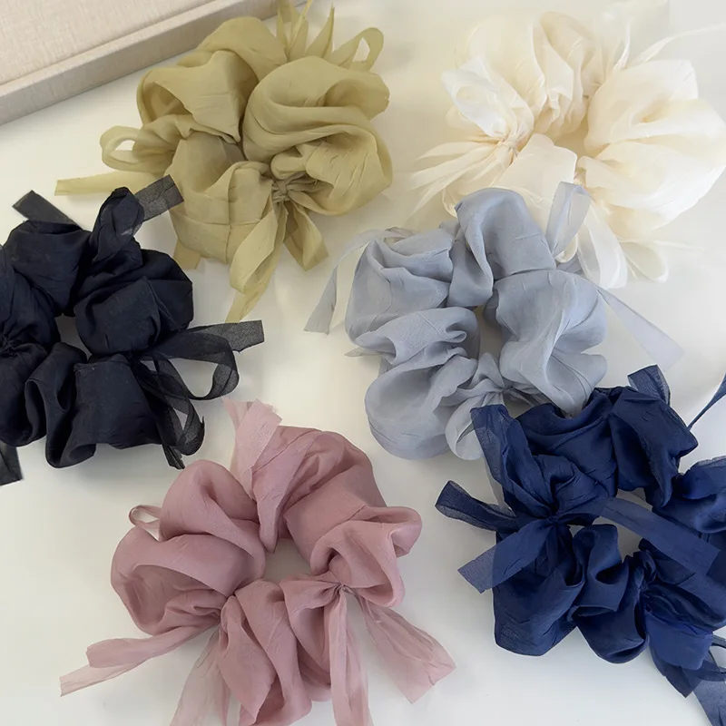New Sweet Bowknot Sheer Organza Hair Scrunchies Korean Style Solid Color Stretchy Hair Ropes Ladies Elastic Head Bands For Daily