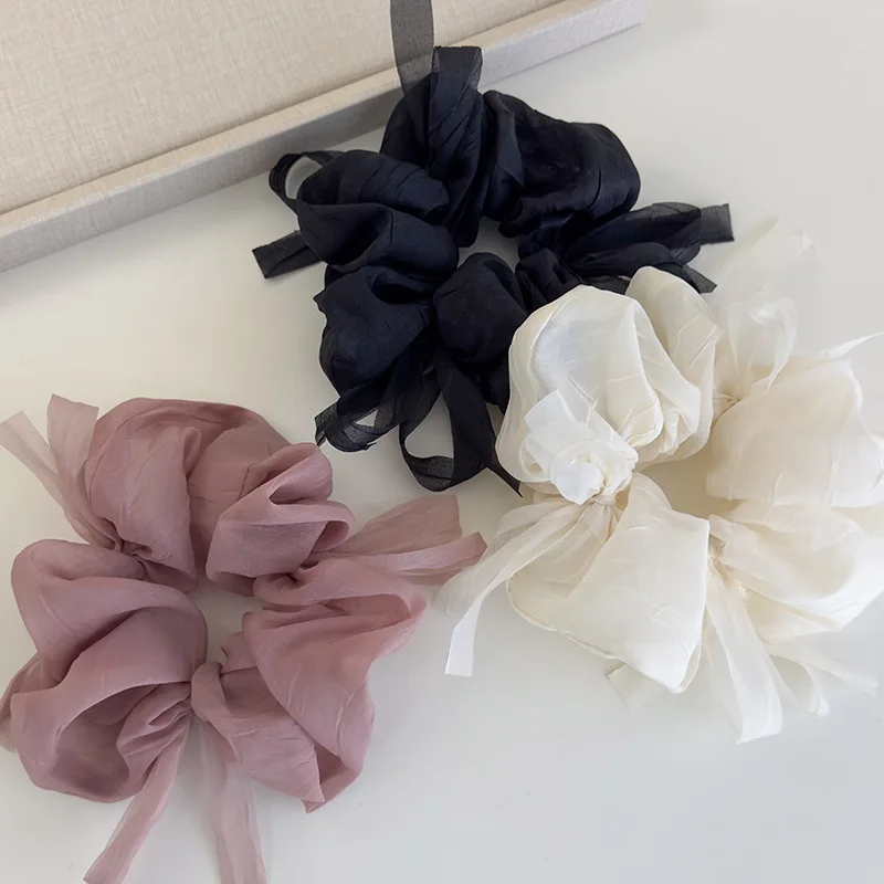 New Sweet Bowknot Sheer Organza Hair Scrunchies Korean Style Solid Color Stretchy Hair Ropes Ladies Elastic Head Bands For Daily