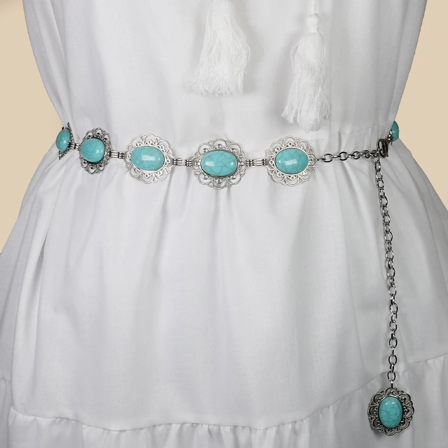 Bohemian Vintage Women's Belt - Carved Turquoise Waist Chain for Dresses, Holiday & Date Night Accessories