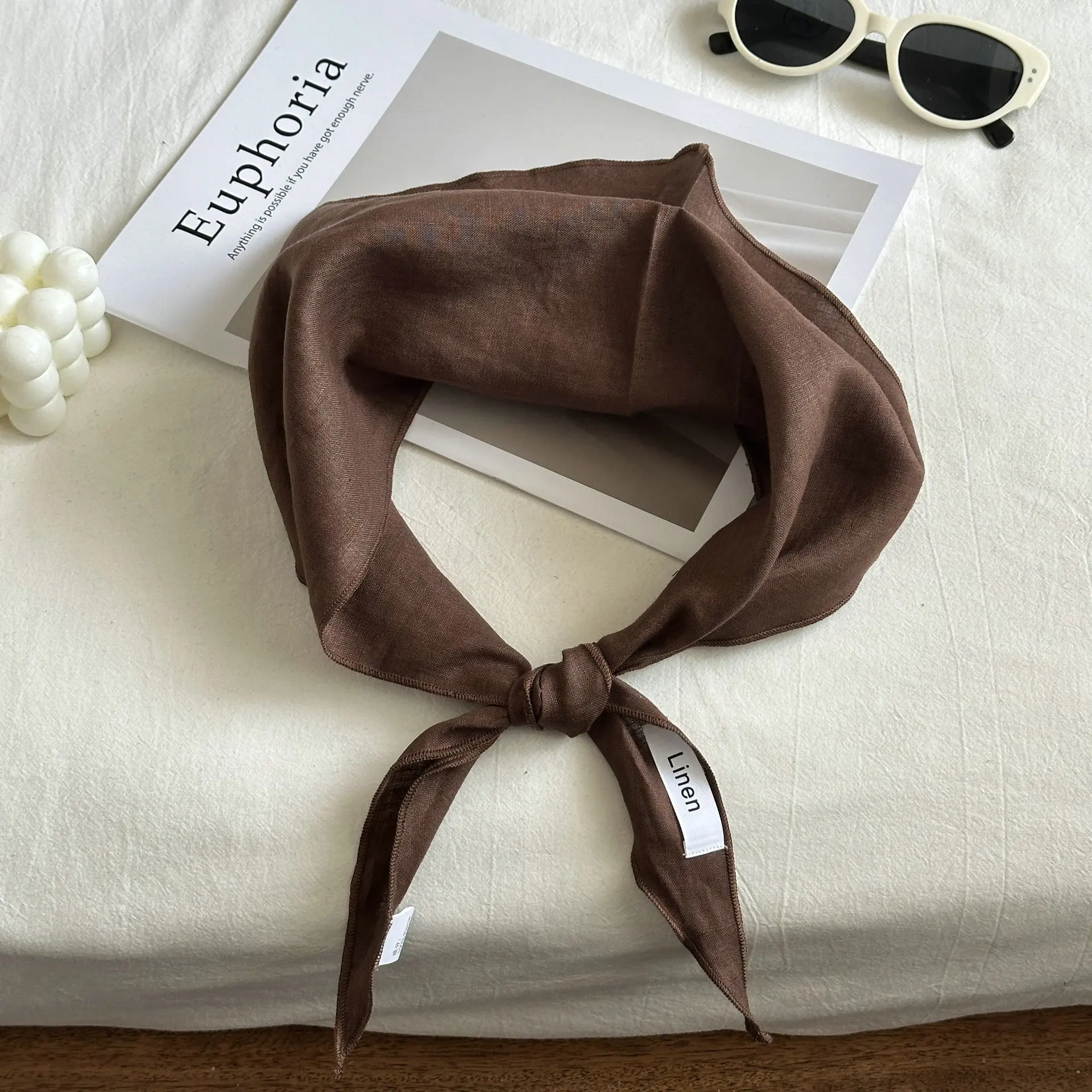 New Silk Scarf Solid 100% Linen Comfortable Breathable Mori Style Thin Neck Protection Scarf Spring and Autumn Triangular Binder