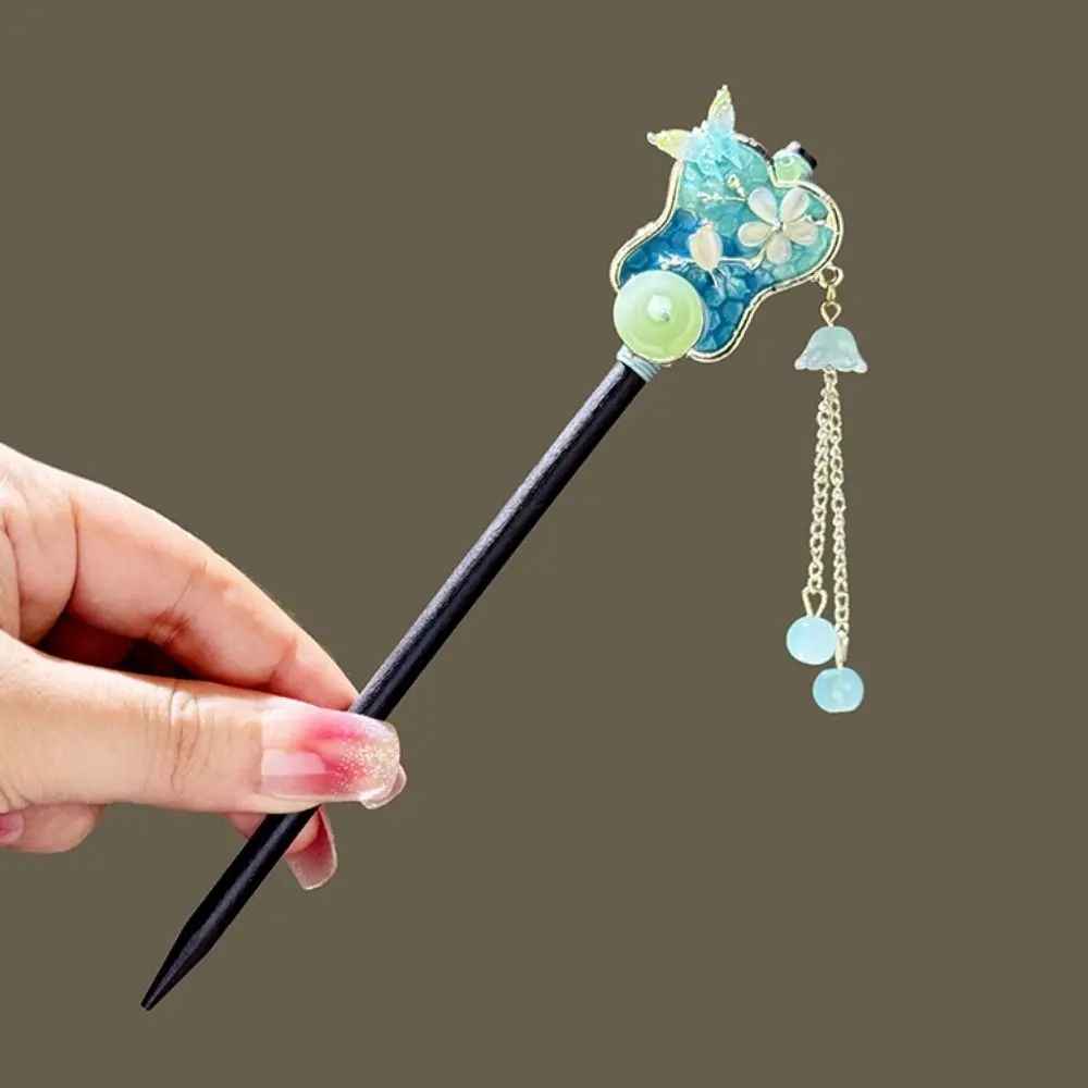 Chinese Style Flower Hair Sticks Vintage Handmade Hanfu Hair Bun Tassel Wooden Hair Forks Retro Hair Clips for Pan Headdress