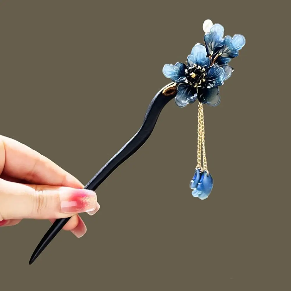 Chinese Style Flower Hair Sticks Vintage Handmade Hanfu Hair Bun Tassel Wooden Hair Forks Retro Hair Clips for Pan Headdress