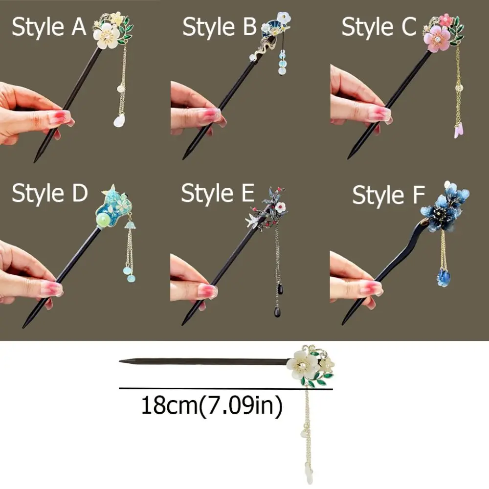 Chinese Style Flower Hair Sticks Vintage Handmade Hanfu Hair Bun Tassel Wooden Hair Forks Retro Hair Clips for Pan Headdress