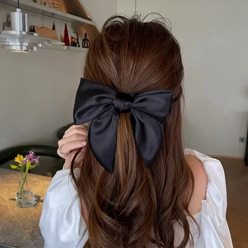 Elegant High-End Black Satin Bow Hair Accessories for Women- Perfect for Chic Ponytail and Sweet Hairdos