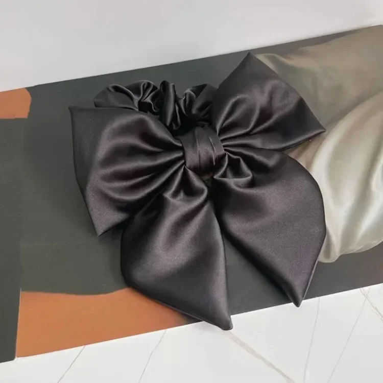 Elegant High-End Black Satin Bow Hair Accessories for Women- Perfect for Chic Ponytail and Sweet Hairdos