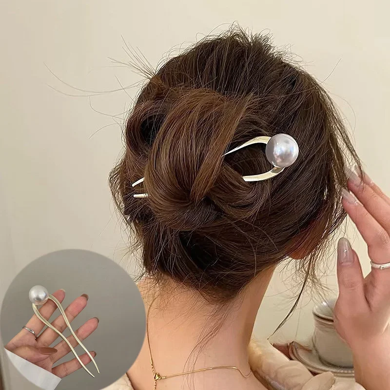 New Pearl Hairpins Korean U-shaped Metal Shell Hair Clip Pins Women Girls Hair Sticks Bun Maker Hair Styling Accessories Gifts