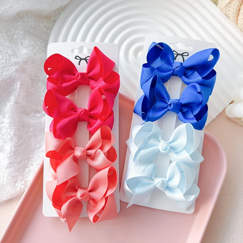 4pcs/set Grosgrain Ribbon Cute Bows Hair Clip For Kids Girls Solid Color Bowknot Classic Bubble Bow Hairpins Hair Accessories