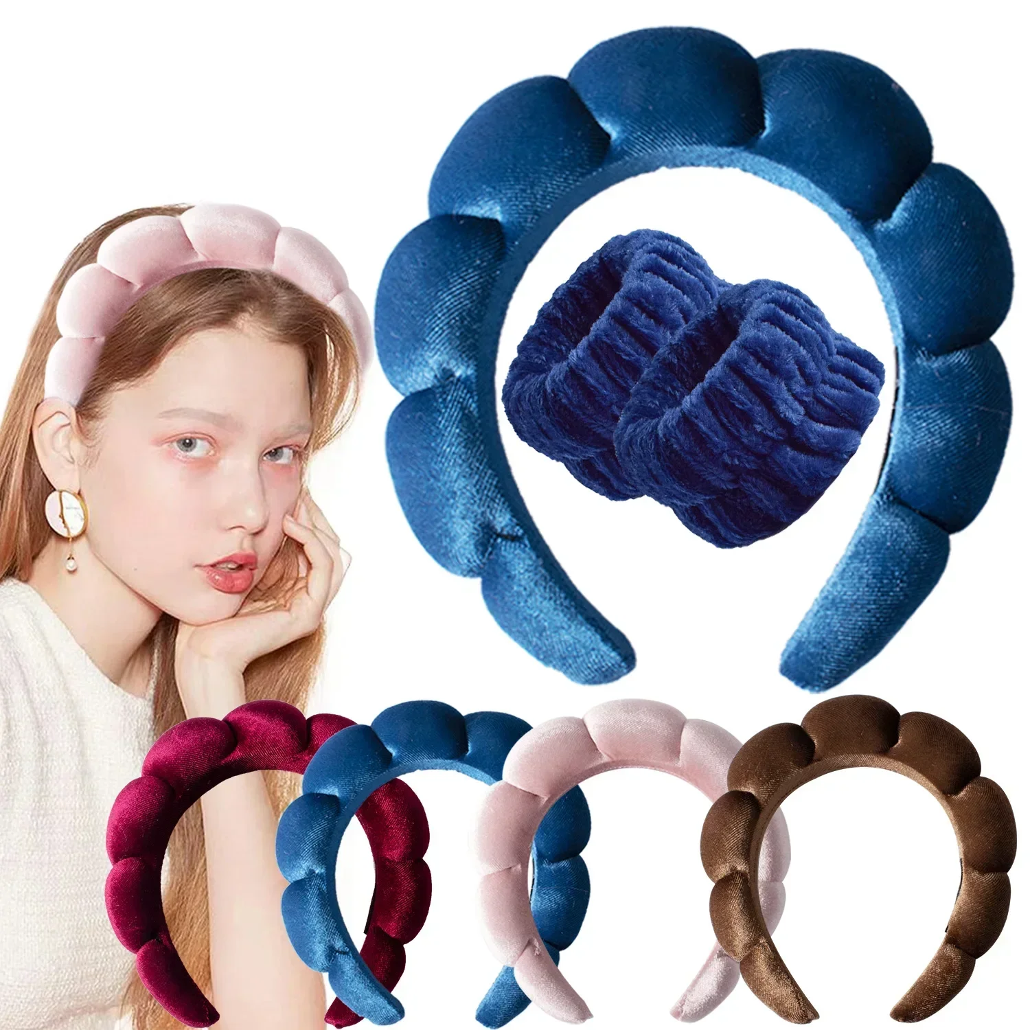 Vintage Velvet Cloud Hair Hoop for Women Girls Sponge Headband Wash Face Wristband Set Spa Bathroom Accessories
