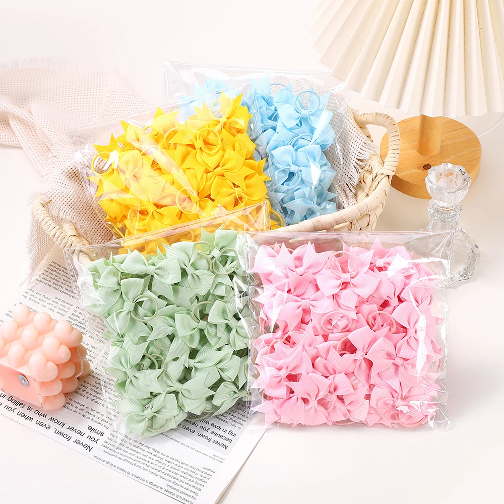 BABY BOWS 10Pcs New Color Grosgrain Ribbon Bows Elastic Hairties Hair Bands Girls Spring Head Rope Hair Accessories Wholesale
