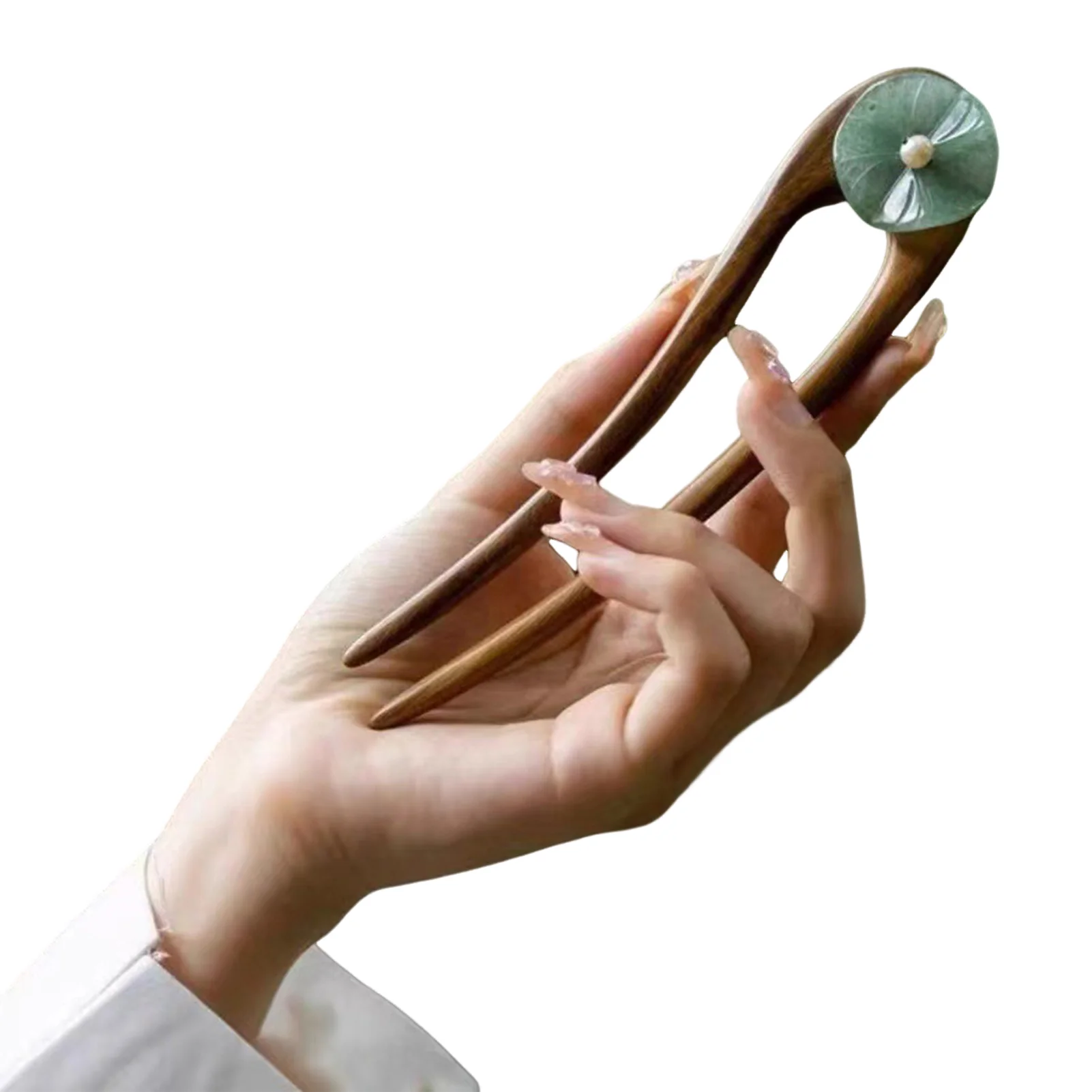 U Shape Simple Women's Hairpin New Chinese Style Jade Lotus Leaf Wooden Hair Stick Elegant Vintage Hanfu Hair Accessories
