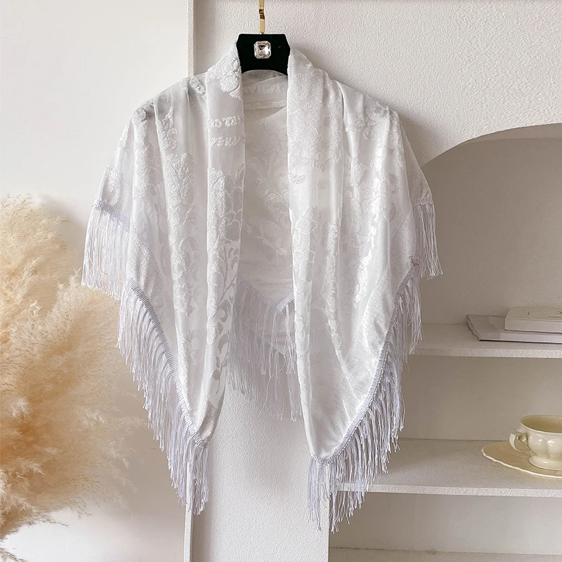 2025 New Spring and Summer Brand 110X110cm Retro National Style Velvet Jacquard Fringe Square Scarf Fashion Sunscreen Lady Shawl