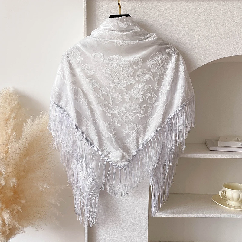 2025 New Spring and Summer Brand 110X110cm Retro National Style Velvet Jacquard Fringe Square Scarf Fashion Sunscreen Lady Shawl