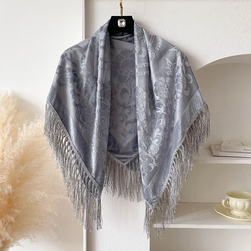 2025 New Spring and Summer Brand 110X110cm Retro National Style Velvet Jacquard Fringe Square Scarf Fashion Sunscreen Lady Shawl