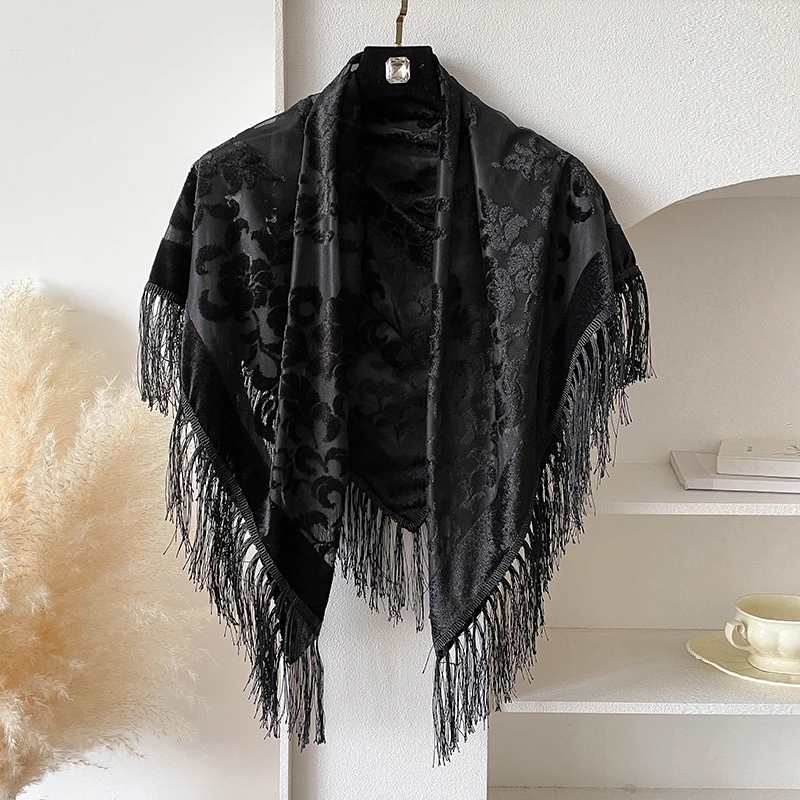 2025 New Spring and Summer Brand 110X110cm Retro National Style Velvet Jacquard Fringe Square Scarf Fashion Sunscreen Lady Shawl