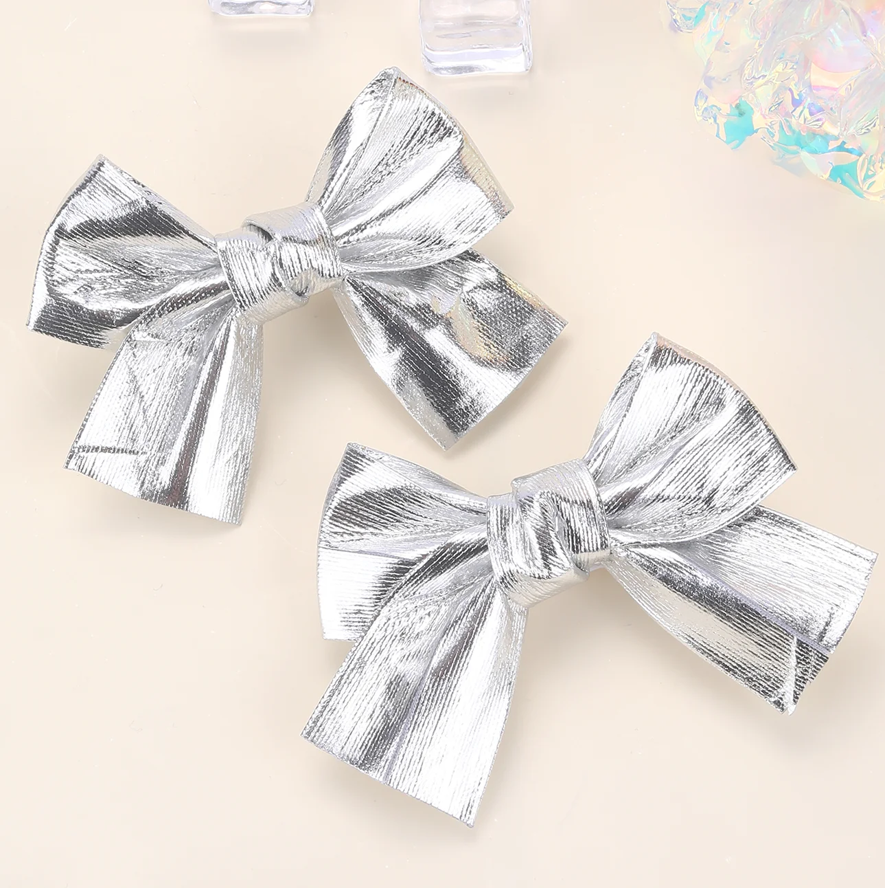 2Pcs Sparkling Bow Hair Clips PU Barrettes For Girl Kids Butterfly Leather Vintage Gold Silver Handmade Headwear Accessories