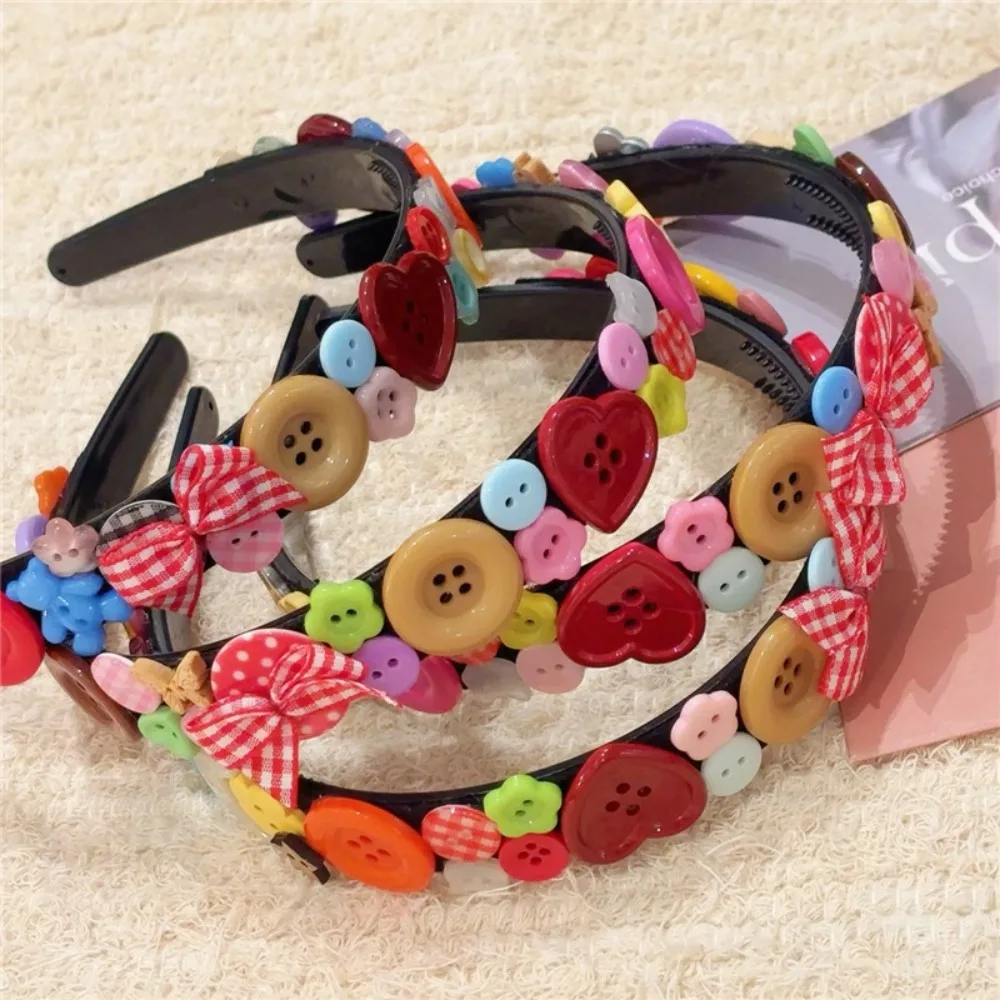 Dopamine Coloured Button Headband Face Washing Y2k Childishness Hairband Headwear Korean Style Bow Hair Hoop