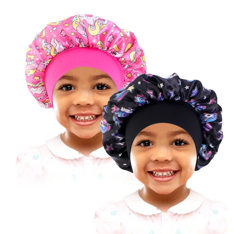 Cartoon Baby Kids Print Satin Bonnet Sleep Hat Cap for Curly Hair Adjustable Silky Satin Cap for Toddler Night Sleep Caps Beanie
