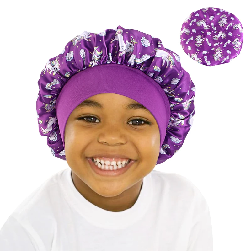 Cartoon Baby Kids Print Satin Bonnet Sleep Hat Cap for Curly Hair Adjustable Silky Satin Cap for Toddler Night Sleep Caps Beanie