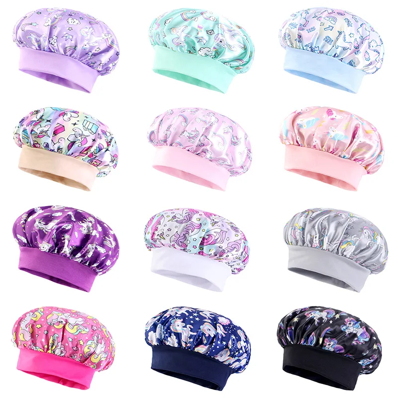 Cartoon Baby Kids Print Satin Bonnet Sleep Hat Cap for Curly Hair Adjustable Silky Satin Cap for Toddler Night Sleep Caps Beanie