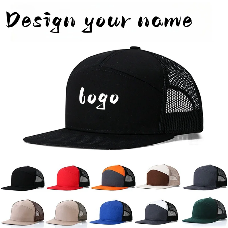 Custom logo 7 Panel Baseball Cap Hip Hop Mesh Cap Men's Trucker Hat Visor Hard top Snapback Female unisque DIY design printed gr