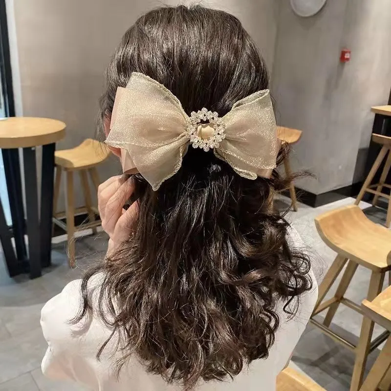 1pc Korean version sweet diamond studded organza bow hair clip, spring clip, fashionable temperament hair accessories