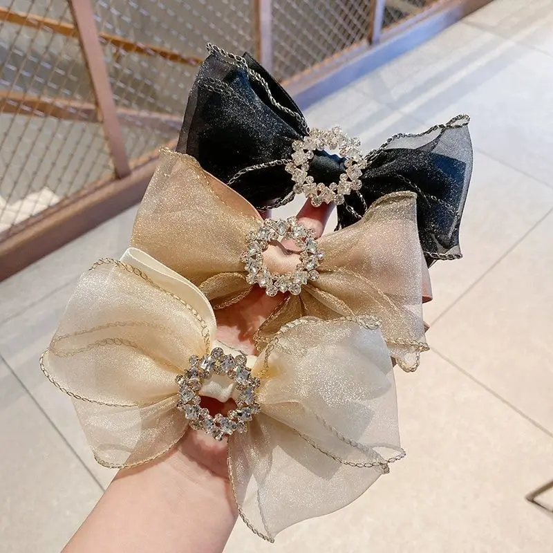 1pc Korean version sweet diamond studded organza bow hair clip, spring clip, fashionable temperament hair accessories