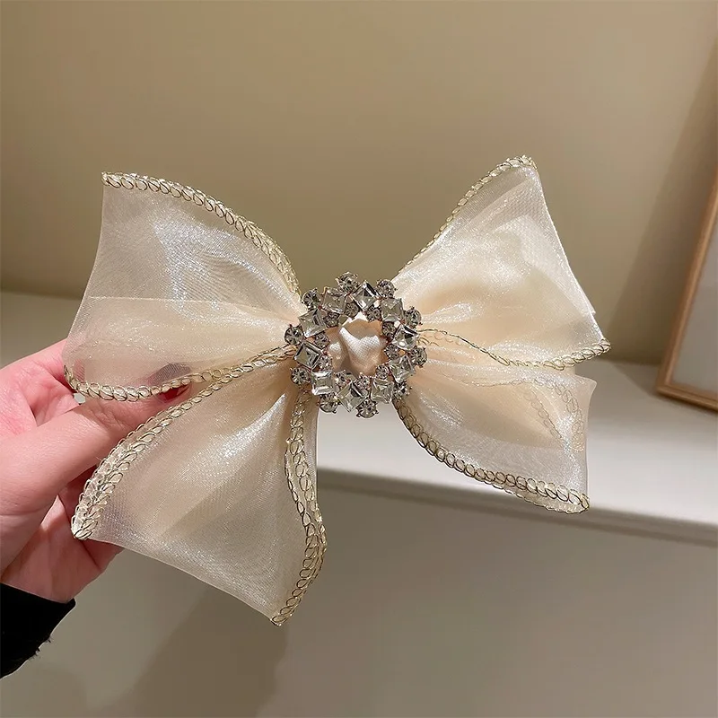 1pc Korean version sweet diamond studded organza bow hair clip, spring clip, fashionable temperament hair accessories