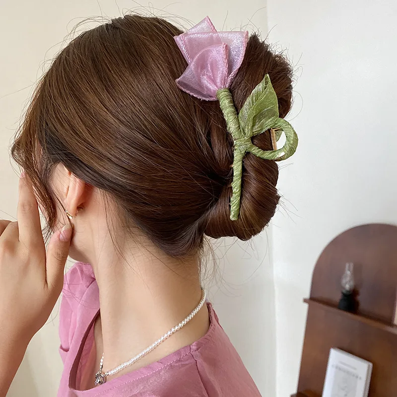 Tulip Tulle Flower Shark Clip Hair Claws For Women Elegant Ponytail Hairpin Hair Crabs Barrettes Girls Fashion Hair Accessories