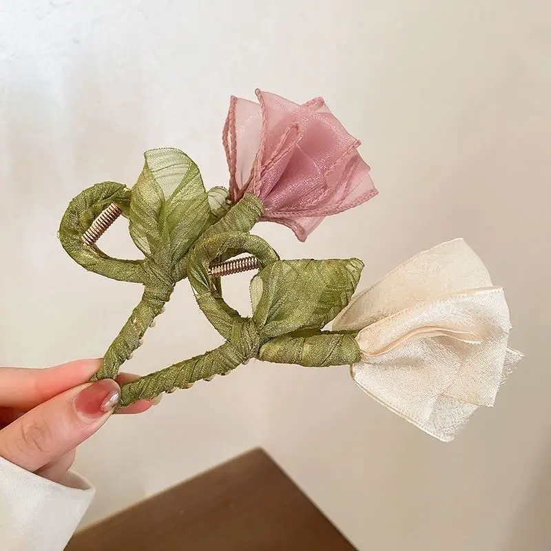 Tulip Tulle Flower Shark Clip Hair Claws For Women Elegant Ponytail Hairpin Hair Crabs Barrettes Girls Fashion Hair Accessories