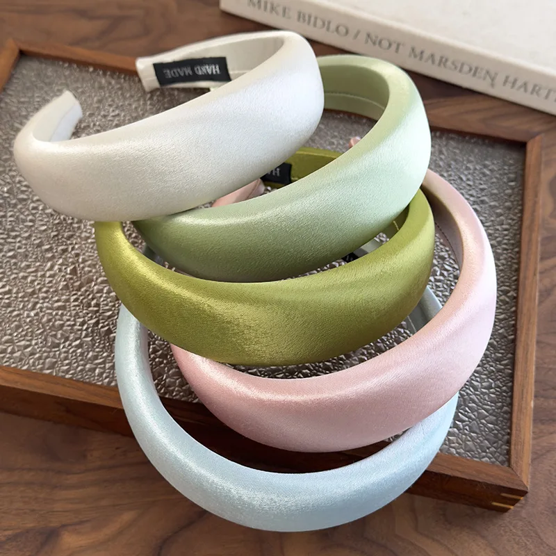 Spring/summer New Bright-coloured Satin Headbands 4cm Wide-Brimmed Sponge Hair Band Woman Temperament Hair Hoop Hair Accessories