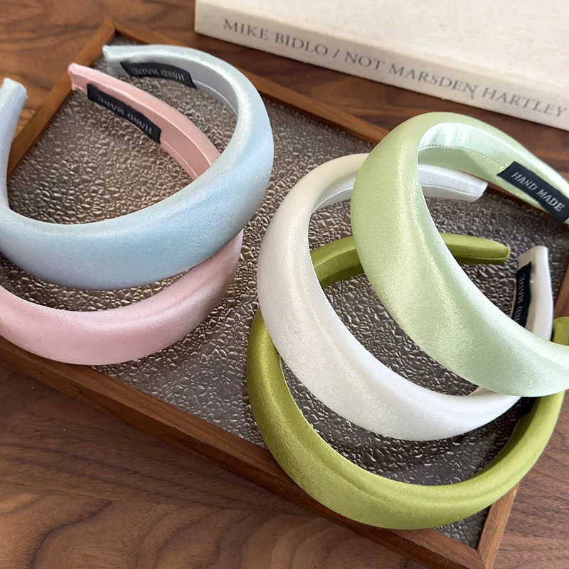 Spring/summer New Bright-coloured Satin Headbands 4cm Wide-Brimmed Sponge Hair Band Woman Temperament Hair Hoop Hair Accessories