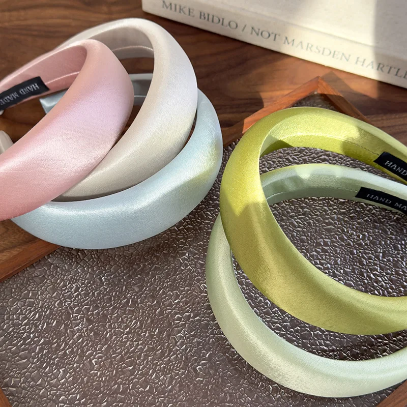 Spring/summer New Bright-coloured Satin Headbands 4cm Wide-Brimmed Sponge Hair Band Woman Temperament Hair Hoop Hair Accessories
