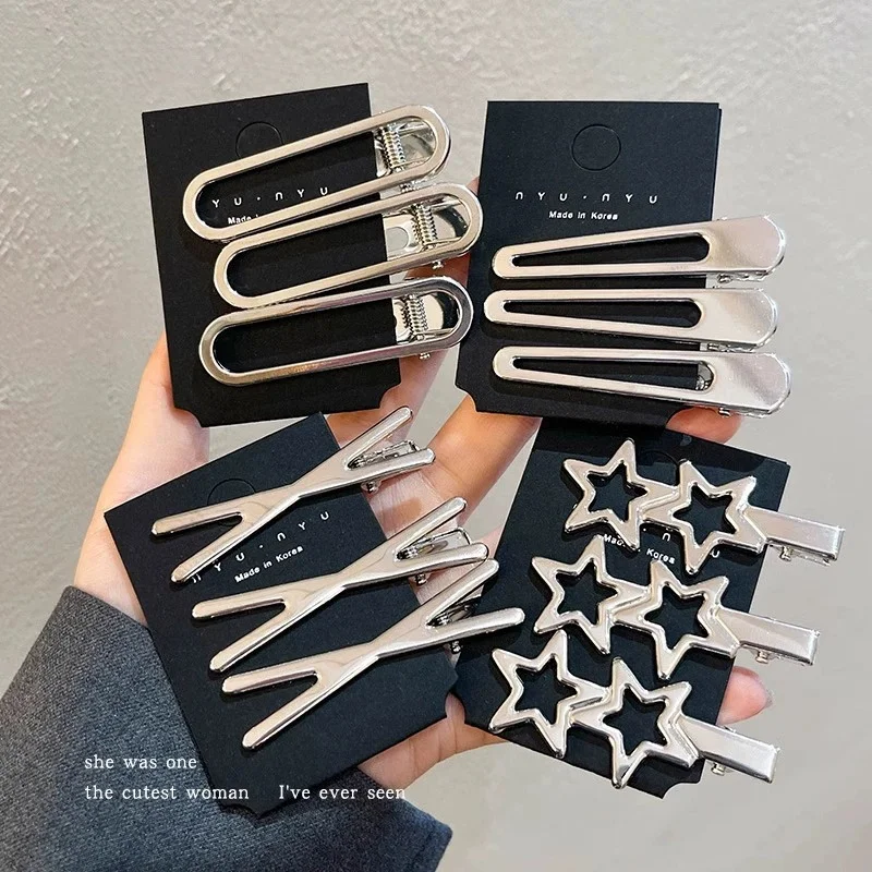 2/3Pcs/Set Y2K Silver Metal Hairpin for Women Girls Star Hair Clips Multiple Styles Seamless Duckbill Clip Hair Accessoires