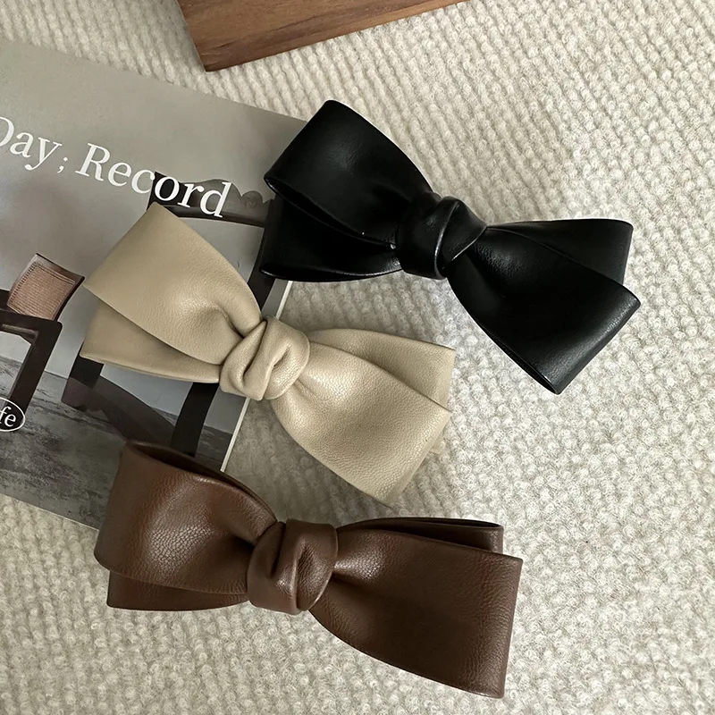 Women Girls Elegant PU Leather Bowknot Hairpins Korean Fashion Hair Side Clip Hair Accessories Ornaments Barrettes Duckbill 2025