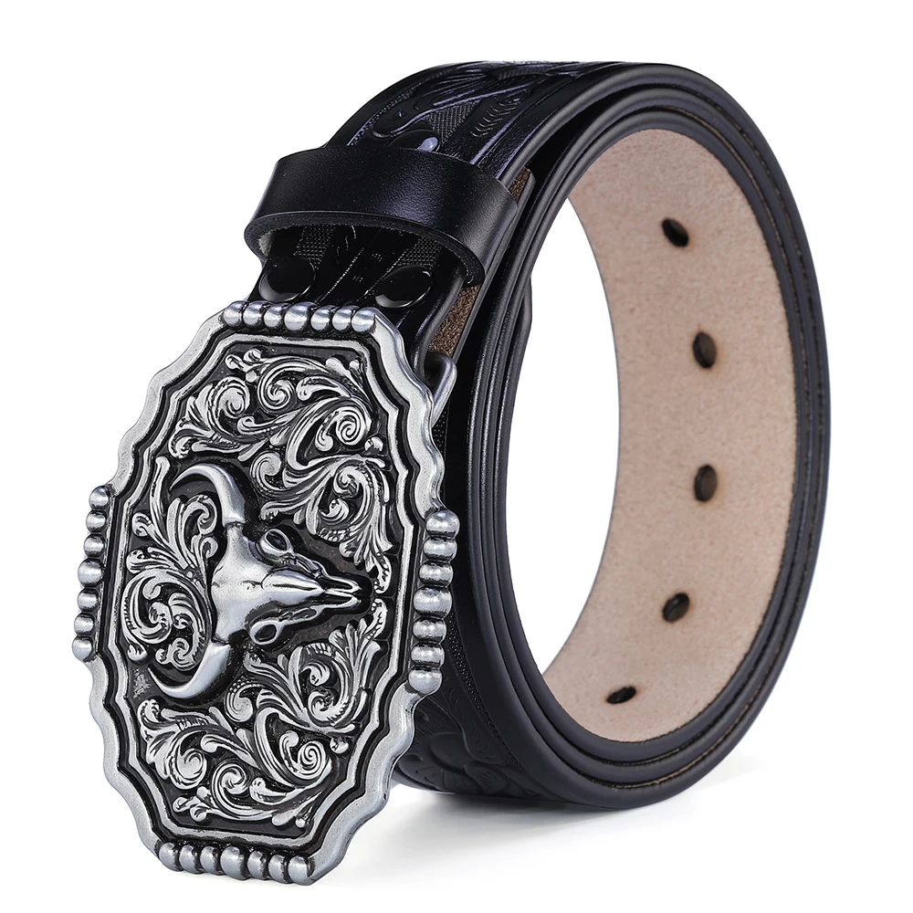 Western Belt Men Genuine Leather Belts for Men Cowboy Cowgirl Big Letters Buckle Gold Male Belts Long Black Brown Quality