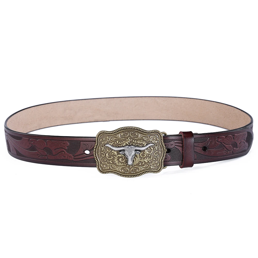 Western Belt Men Genuine Leather Belts for Men Cowboy Cowgirl Big Letters Buckle Gold Male Belts Long Black Brown Quality