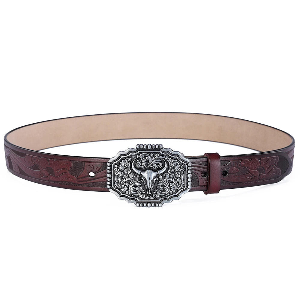 Western Belt Men Genuine Leather Belts for Men Cowboy Cowgirl Big Letters Buckle Gold Male Belts Long Black Brown Quality