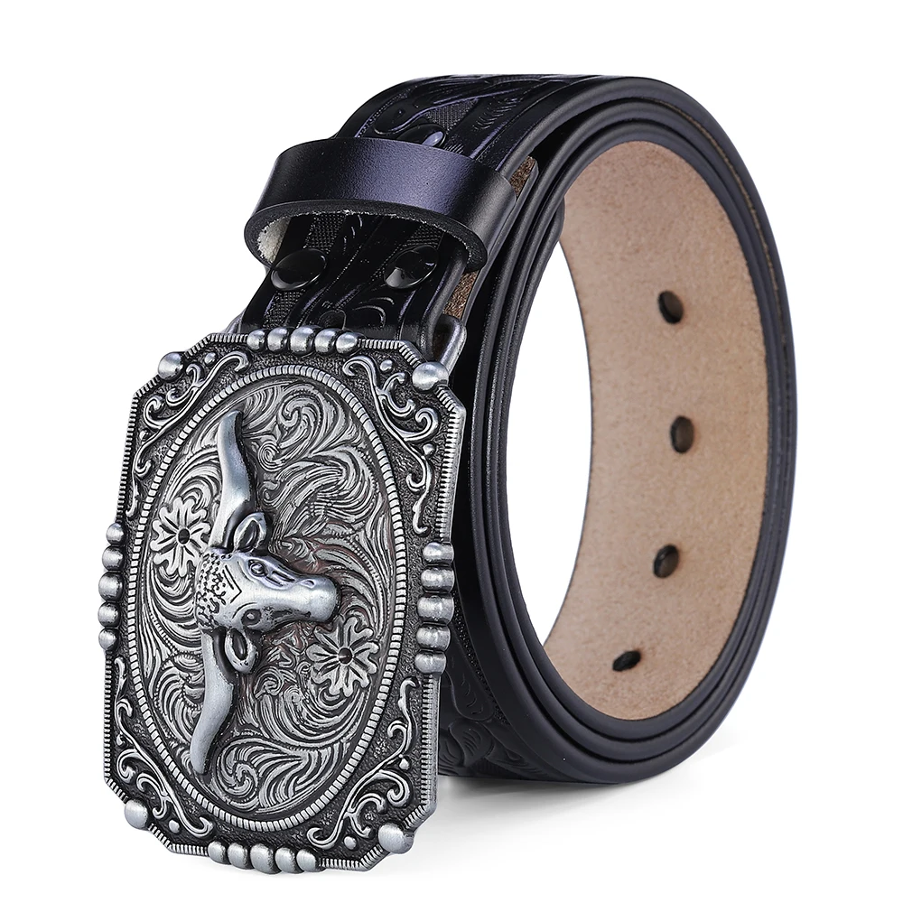 Western Belt Men Genuine Leather Belts for Men Cowboy Cowgirl Big Letters Buckle Gold Male Belts Long Black Brown Quality