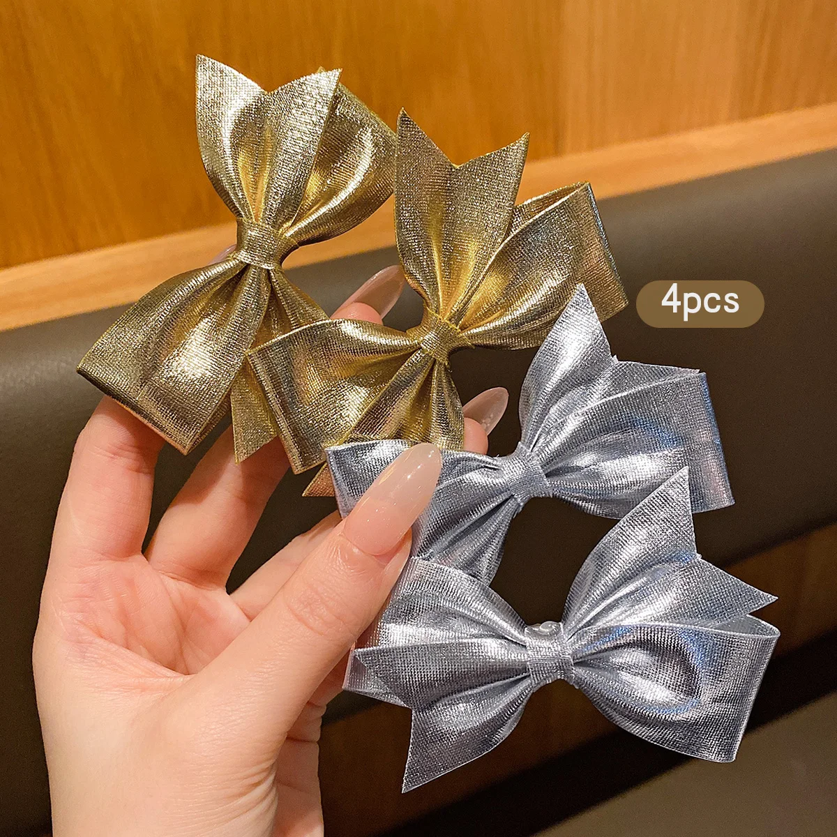4 fashionable bow hair clips in gold and silver, suitable for daily use as hair accessories