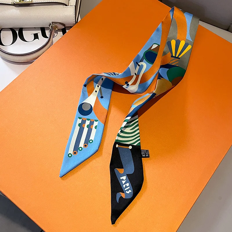 Luxury Brand Silk Skinny Scarf Bag Handle Ribbon Ladies Horse Print Headband Small Hair Scarves Band Female