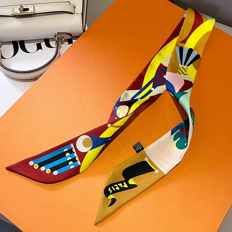 Luxury Brand Silk Skinny Scarf Bag Handle Ribbon Ladies Horse Print Headband Small Hair Scarves Band Female